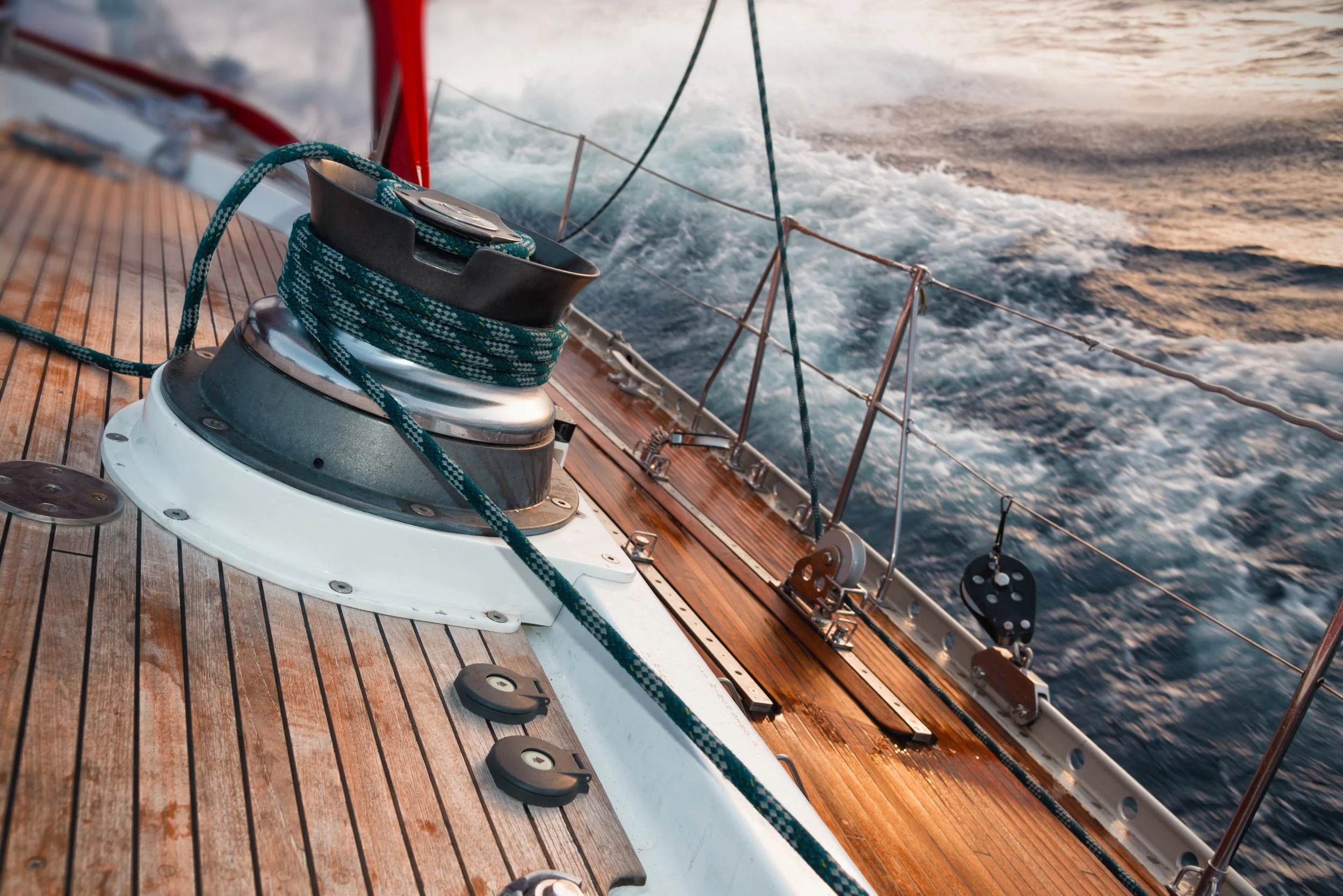 Image of yaht deck on a stormy ocean