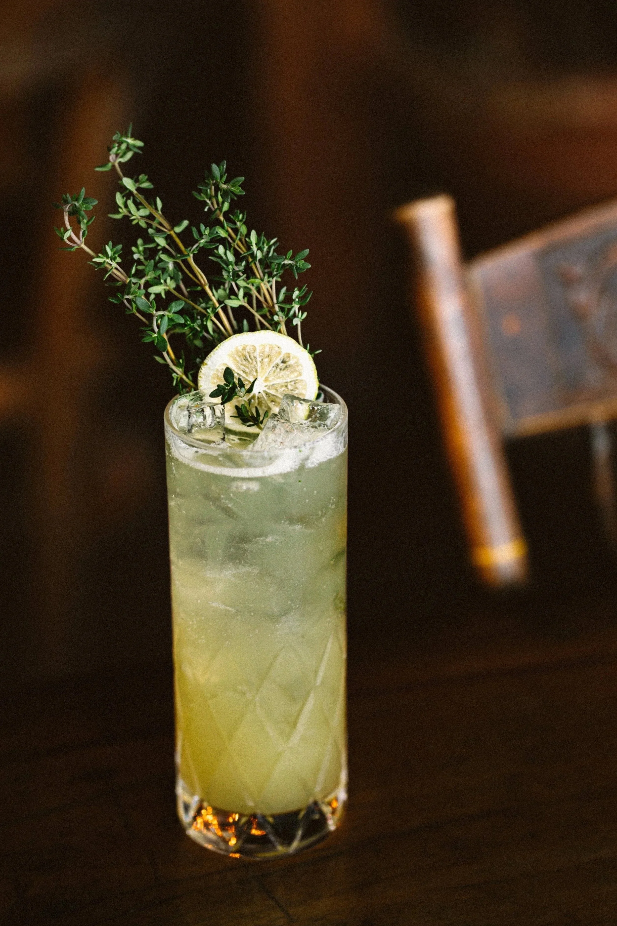 a gin cocktail on a table in the dining room in The Wandering Goose in the Tokeland Hotel in Tokeland, Washington