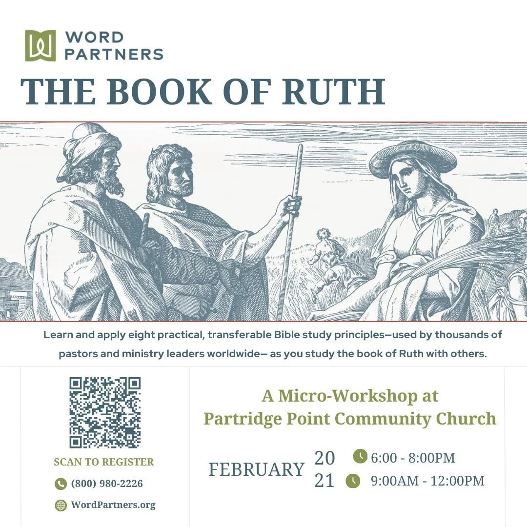 We are excited to share that we will be hosting a Micro-Workshop through WordPartners about the book of Ruth! 

Join us at The Metamora Center on Friday, Feb. 20th (6&ndash;8pm) and Saturday, Feb. 21 (9am&ndash;12pm). This two-day immersive experienc