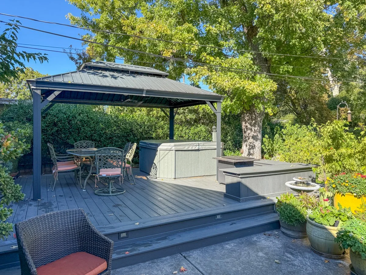 Deck with Gazebo and Hot Tub. 