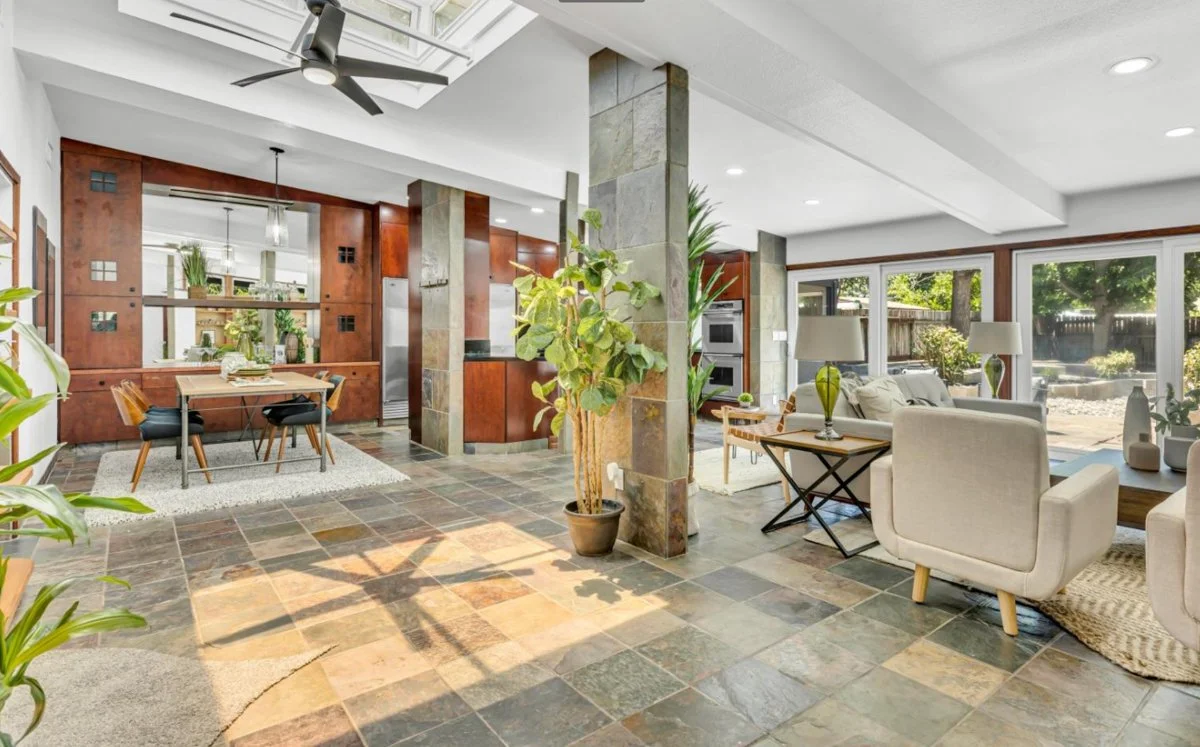 Streng Bros half-led with open beam vaulted ceilings.