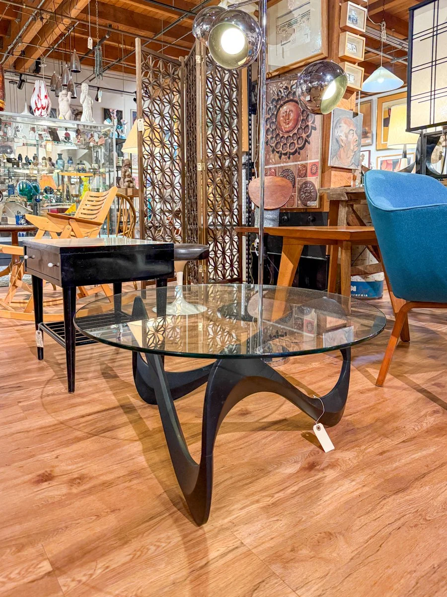 Mid Century modern glass coffee table with aluminum base