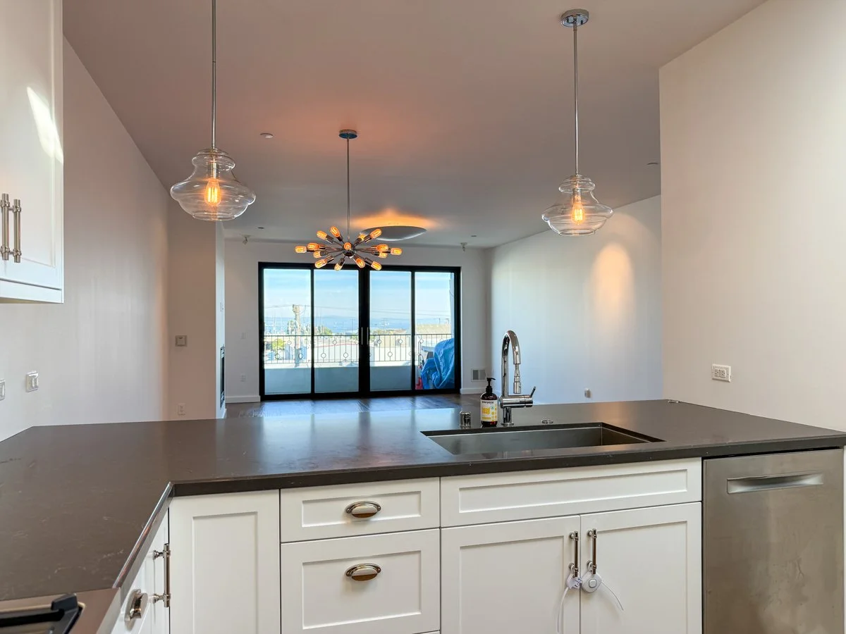 Island view into living room. 