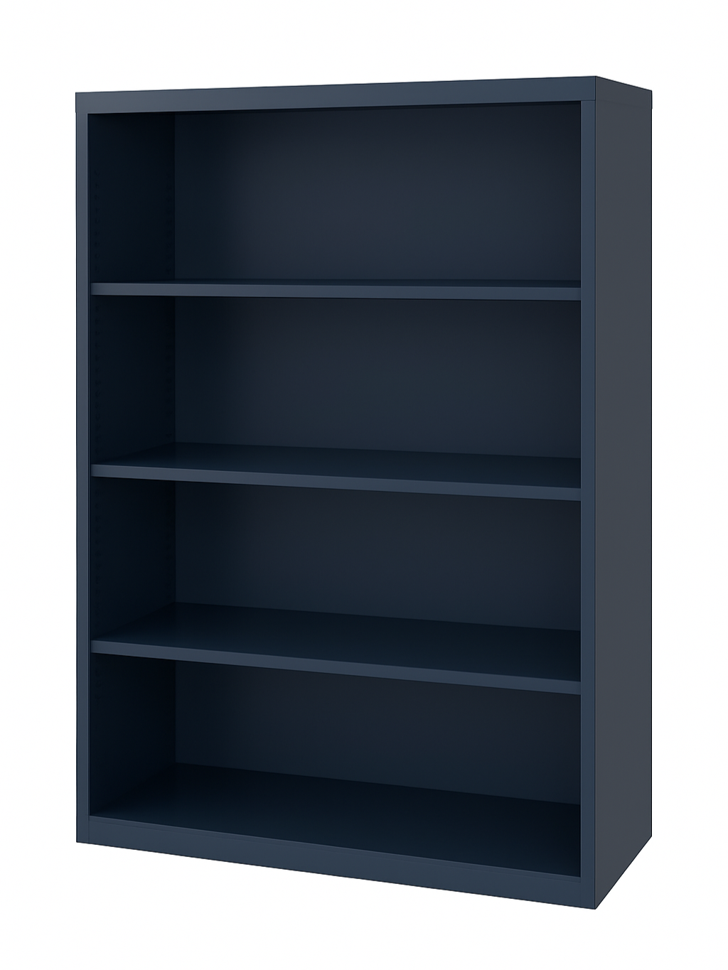 Dark blue empty bookshelf with four shelves.