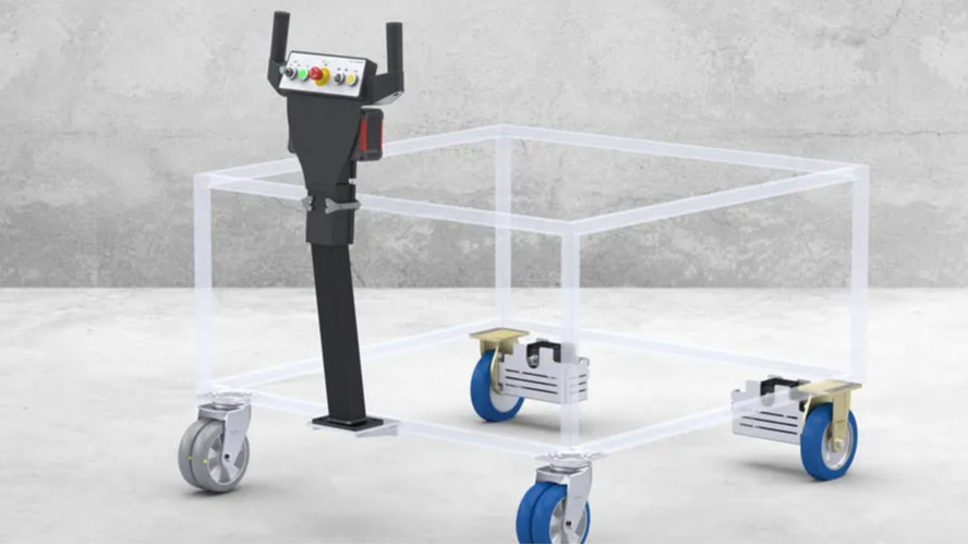 Robotic control station mounted on a mobile frame with transparent sides and four wheels, two of which are blue and two gray.