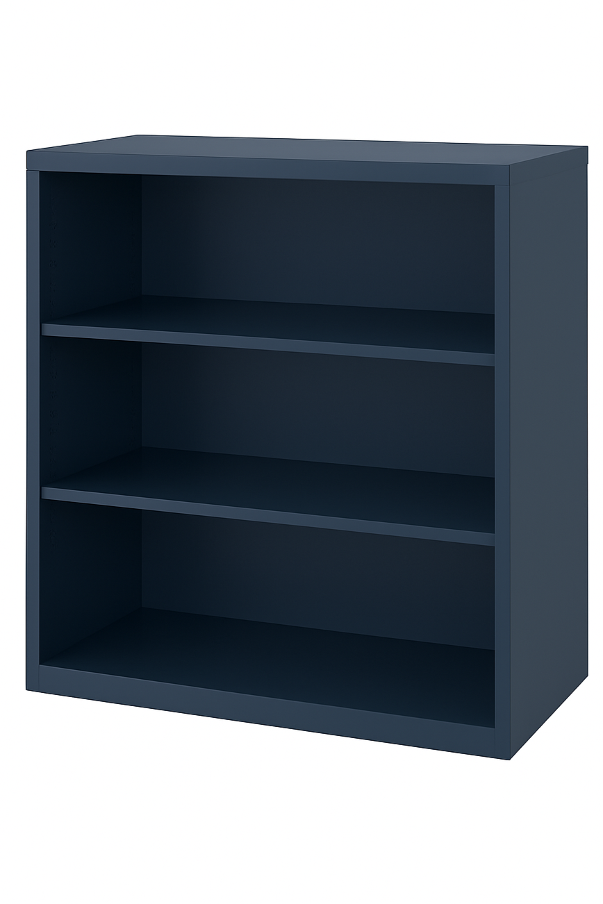 A dark blue, empty, four-shelf bookshelf against a white background.