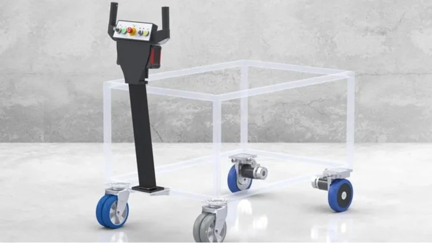 A robot with a control panel is attached to a transparent frame with four blue and gray wheels. The setup appears to be a robotic cart or platform, likely used for industrial or experimental purposes.