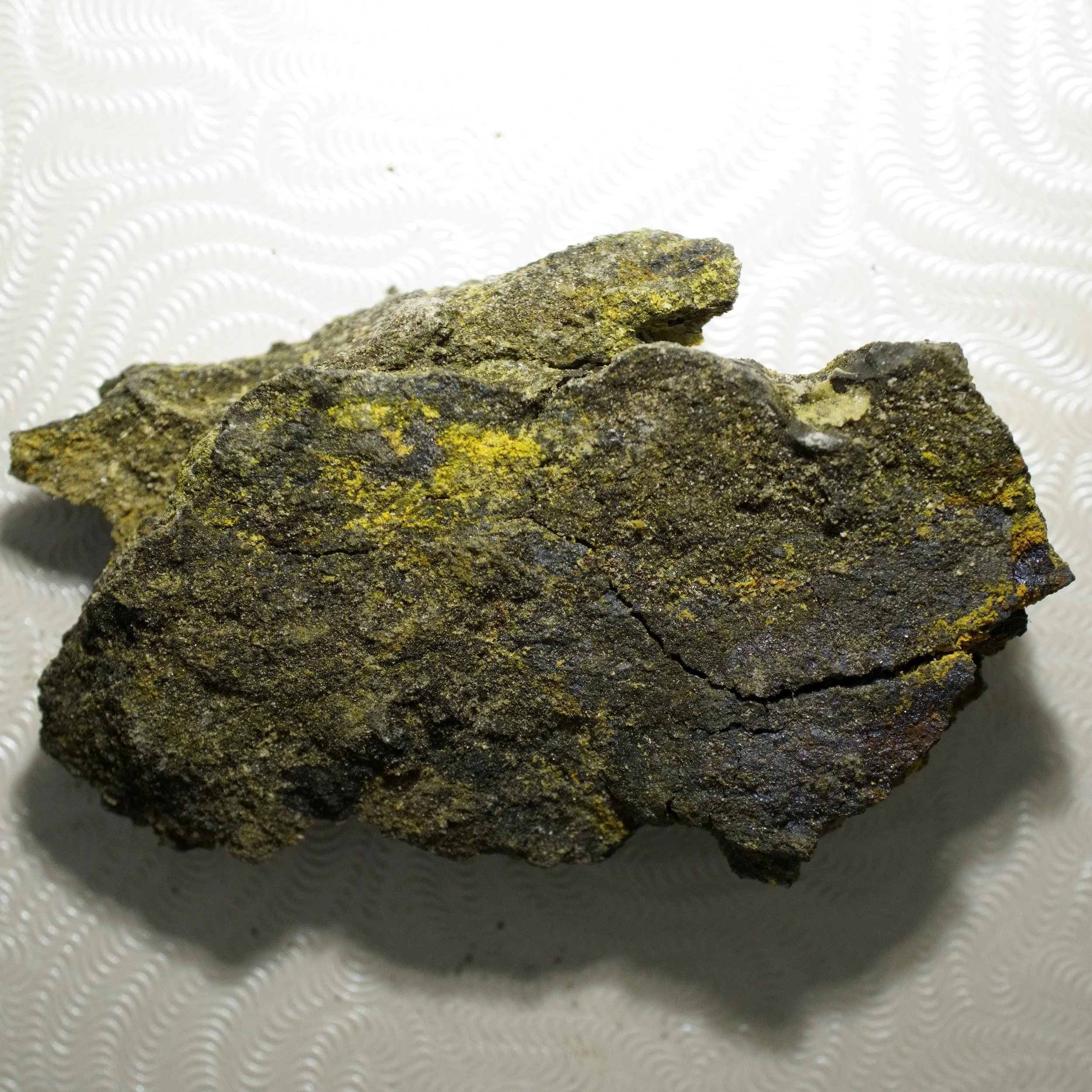 Small Gateway Colorado uranium-vanadium ore specimen with yellow tyuyamunite carnotite crystals and 50,000 CPM activity.