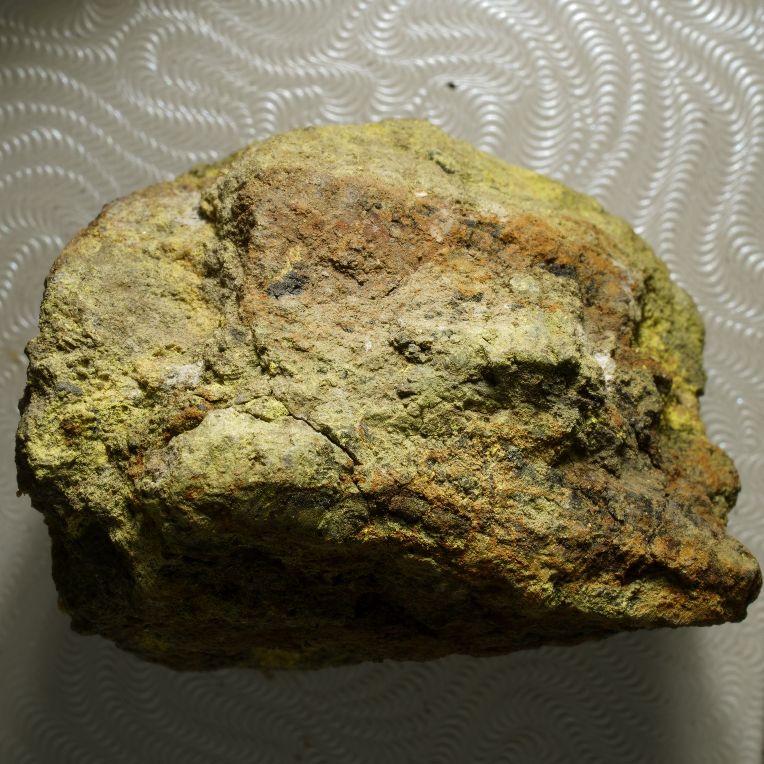 Gateway Colorado uranium-vanadium sandstone ore specimen with yellow carnotite tyuyamunite mineralization measuring 70,000 CPM and 3.5 mR/hr.