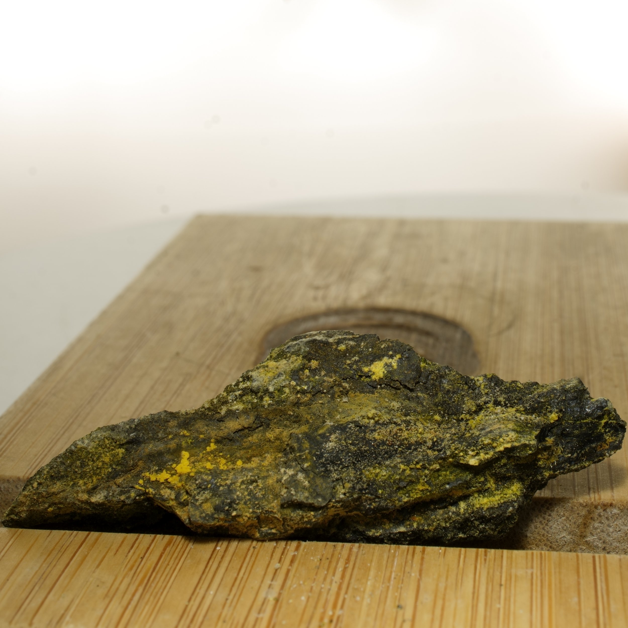 High-grade uranium ore specimen from Green River Utah with yellow secondary mineralization emitting 50,000 CPM