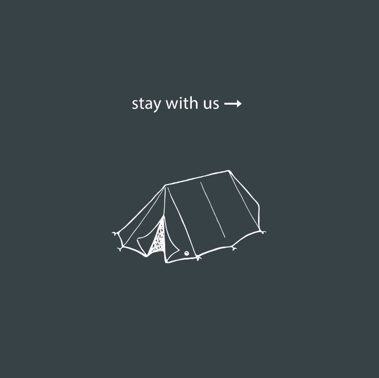 Illustration of a tent with the text "stay with us" and an arrow pointing to the right on a dark background.