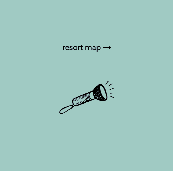 Digital illustration of a flashlight with a blue background, pointing towards the right, labeled 'resort map' with an arrow.