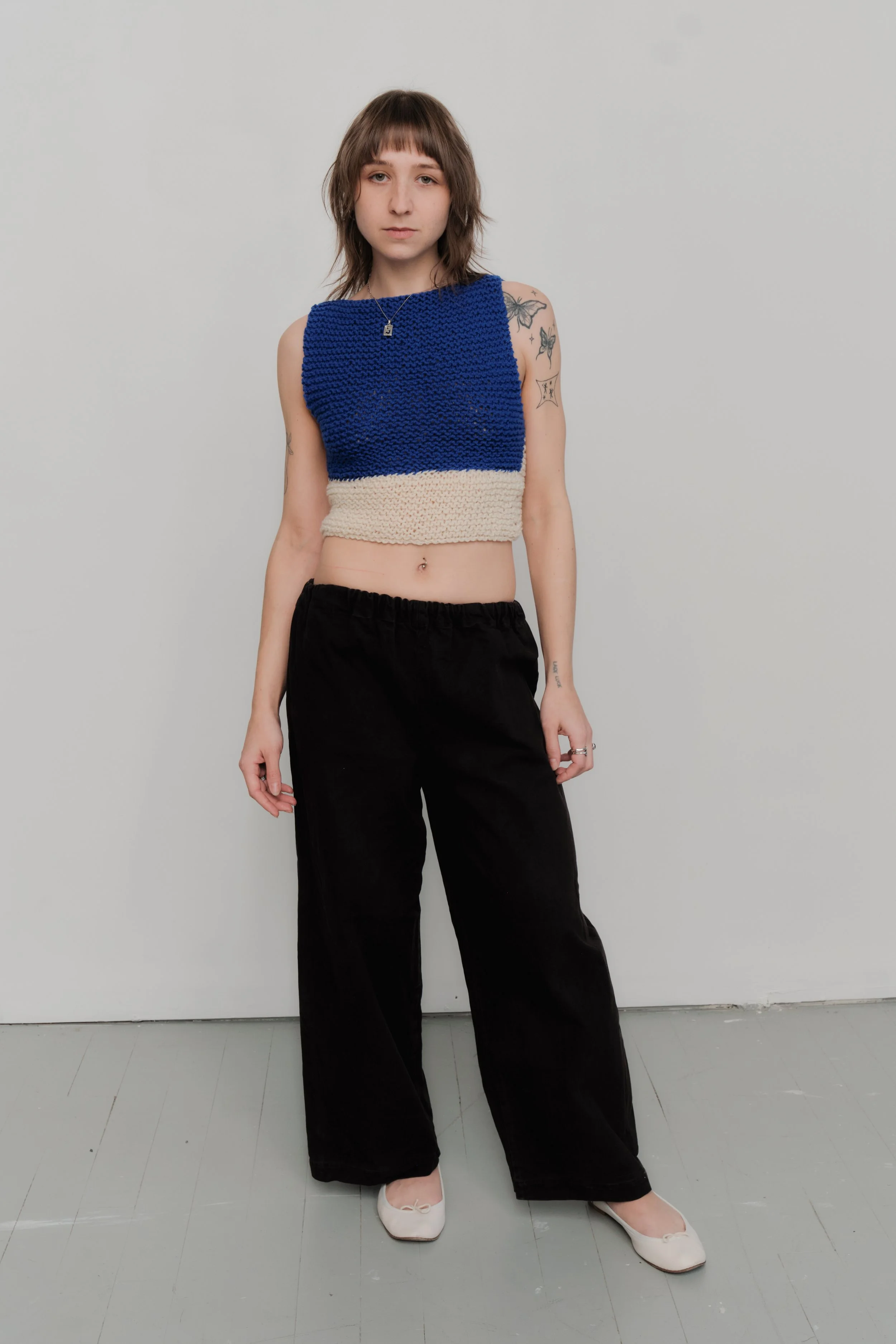 Shell top, knit blue/cream