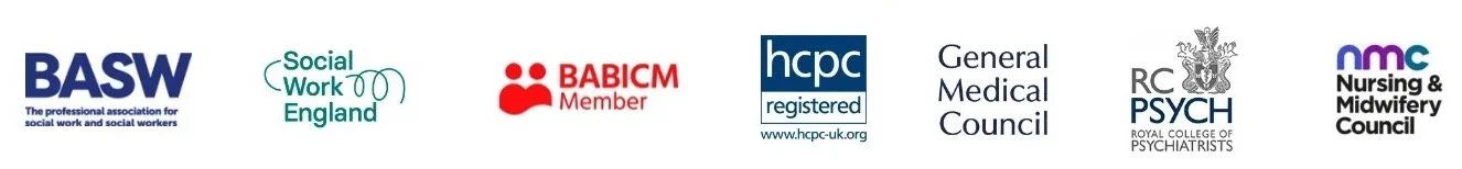 Logos of BASW, Social Work England, BABICM, HCPC, General Medical Council, RC Psych, and NMC, representing various health and social care professional organizations.
