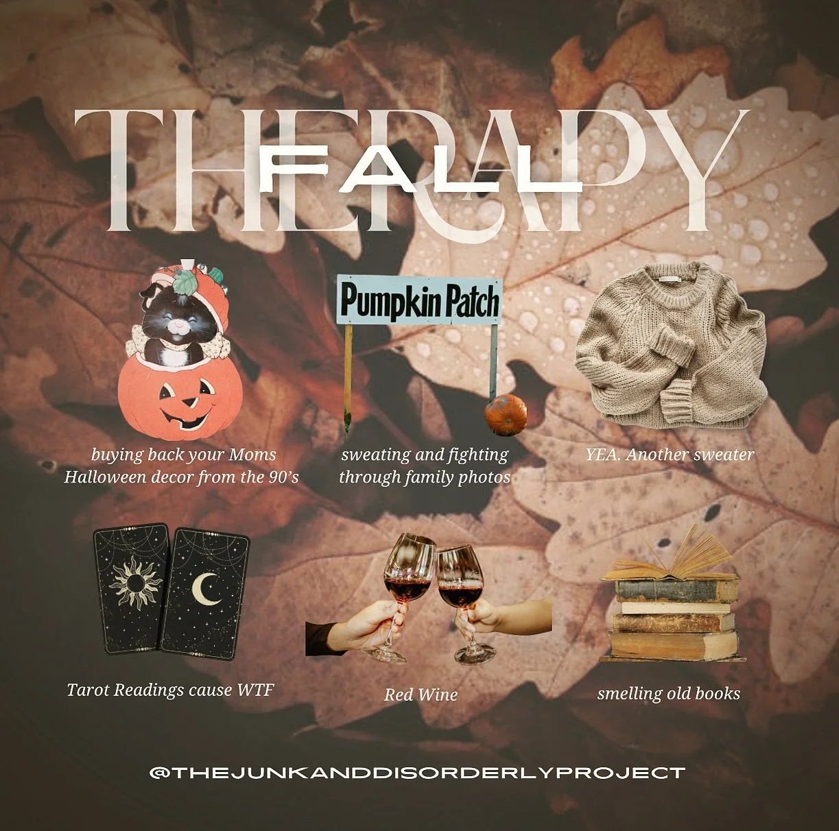 🖤Smelling old books? Therapy.
🖤Buying yet another sweater? Emotional regulation.
🖤Family photos? Seasonal trauma. 📸🍁

If fall has you in your feelings (and your flannel), come dig through the chaos &mdash; The Junk &amp; Disorderly Project has e