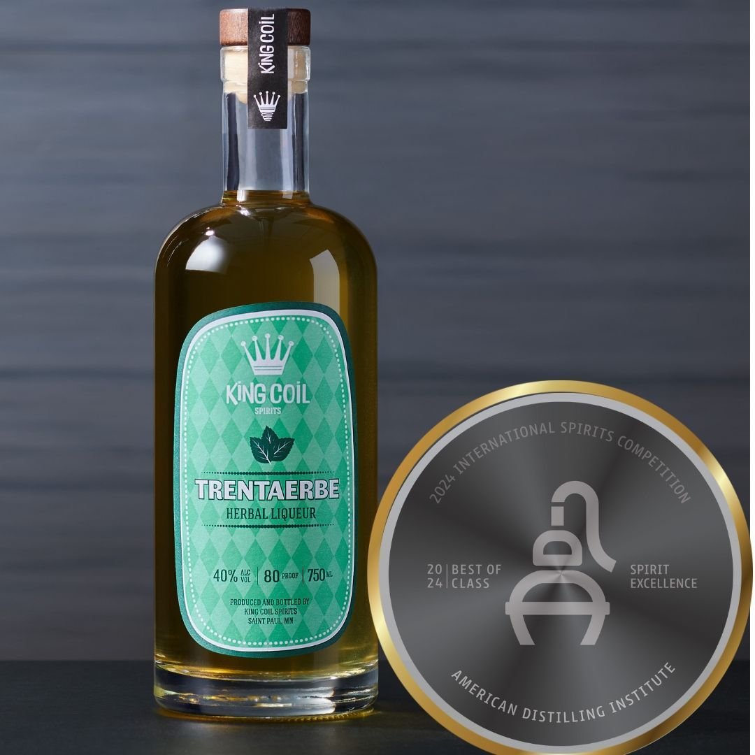 We are honored to announce that King Coil Spirits has won 5 awards at the 2024 American Distilling Institute International Spirits Competition, including their highest honor: Best of Class for our Trentaerbe Herbal Liqueur. 
Trentaerbe tanslates to &