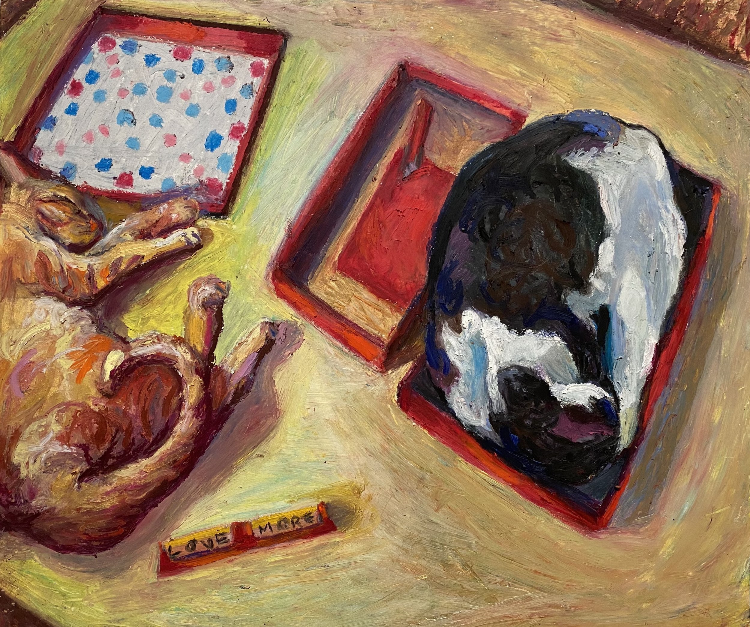 Cats at Scrabble, oil pastel, 10"x12"