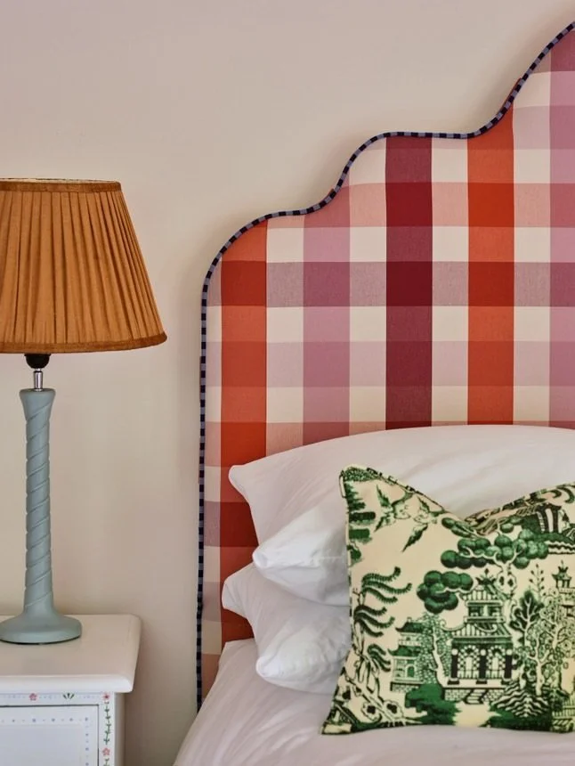 Ooh la la! 
@heatherbrazierinteriors what a result! Stunning combination&hellip;.Gertrude headboard in Nix Harding Checkmate Berry fabric &amp; one of our favourite piping cords - Samuel &amp; Son - MDS Navy #checks #checkedfabric #checkmate #gingham