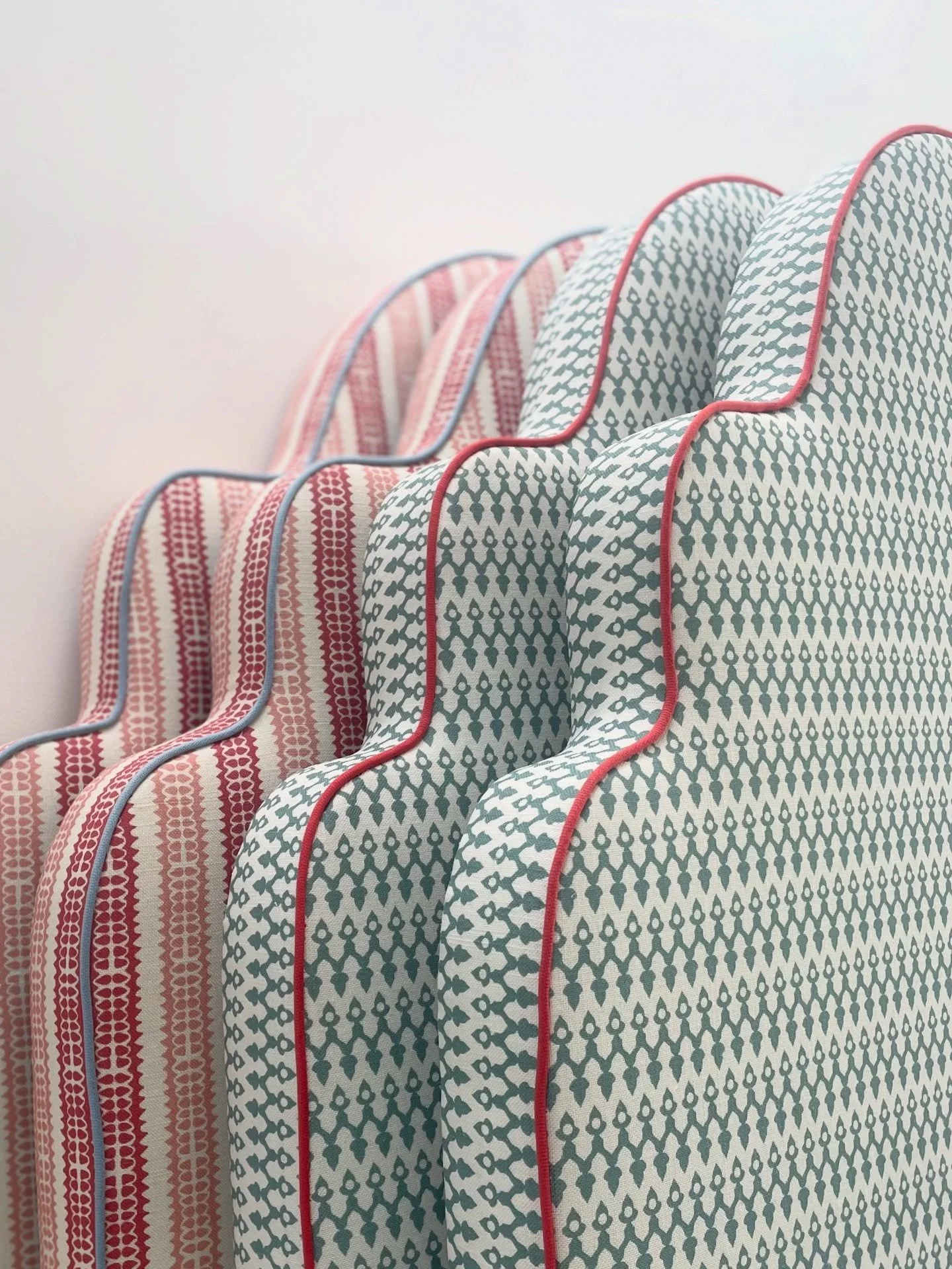 Twins 👯 Humphrey headboards off to their new home.  Such fun fabrics destined to bring style and colour to any room.. scroll through the images&hellip;Fabrics: Charlotte Gaisford -Tea for two, storm &amp; Totty Red.
Piping - Julienne @samuelandsons 