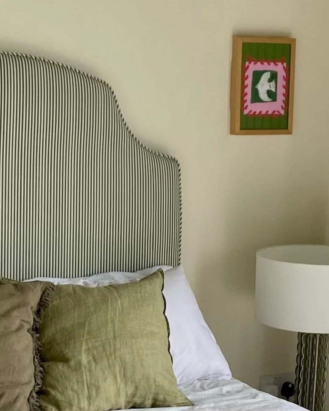 This one feels very &ldquo;Truffle&rdquo;.

Our Loopy headboard in a dark green ticking stripe - simple, but the kind of simple that takes real thought to get right.

Each piece is handmade to order in our Harborne studio. If you&rsquo;re not sure wh