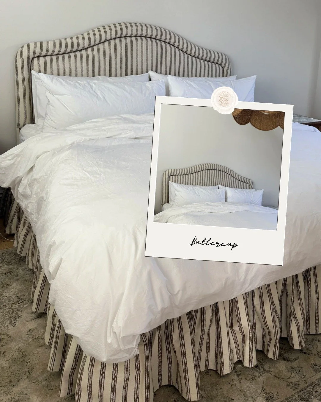 A softer silhouette, with just enough detail to feel special.

Our Buttercup headboard brings a more traditional feel, with its gentle slopes and understated shape. Finished here with a straight bordered edge in a subtle stripe, it adds quiet interes