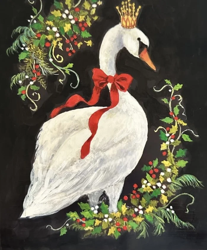 a white Christmas goose with a crown on a black background surrounded with Christmas berries and greenery