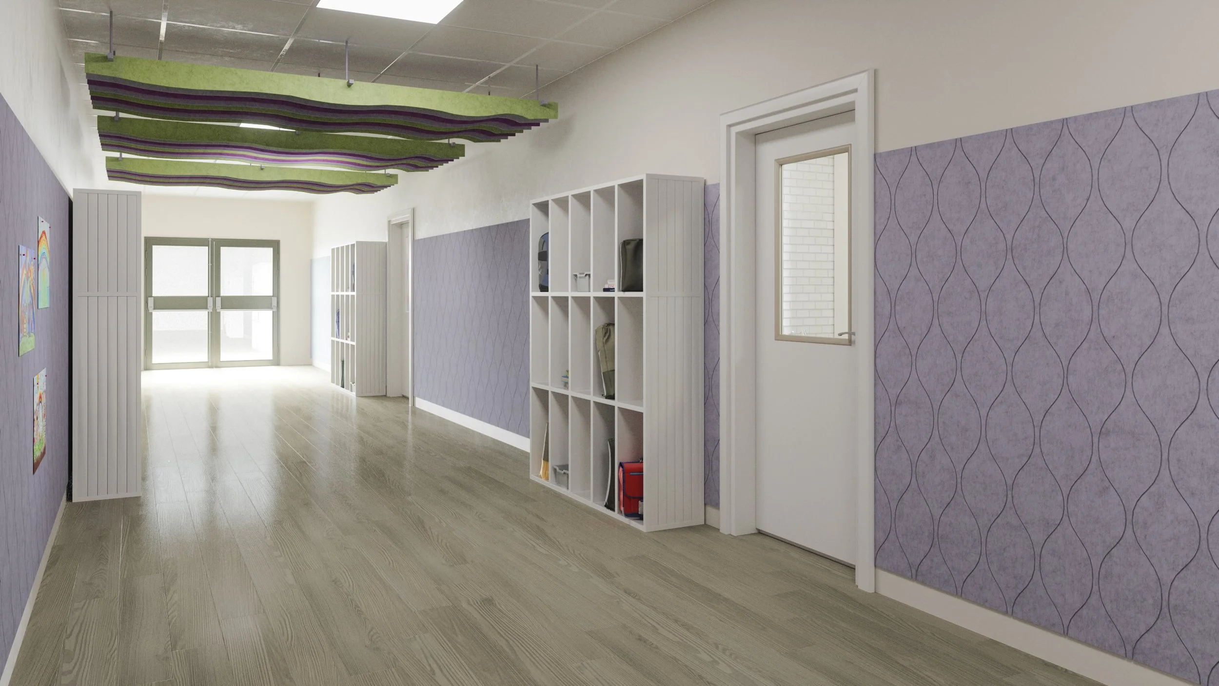 Empty hallway with purple and green GiosFelt Baffle Systems of 
Grouped Ceiling Baffles hanging from the ceiling, purple wallpaper, white bookshelf, and closed doors, bright natural light from windows and door at the end.