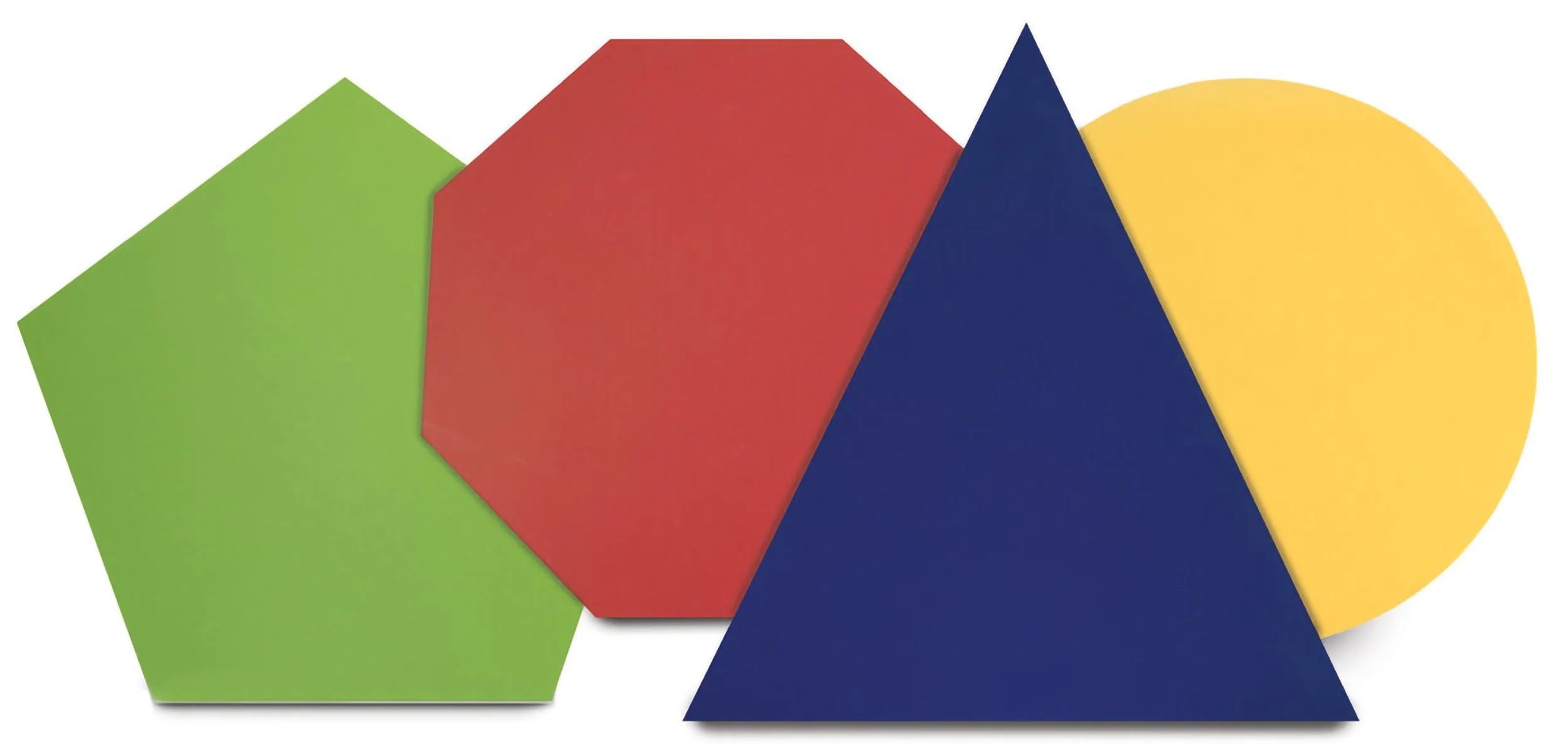 Livello Shapes geometric wall and ceiling panels in Colorful shapes including a green pentagon, red hexagon, blue triangle, and yellow semicircle arranged side by side.