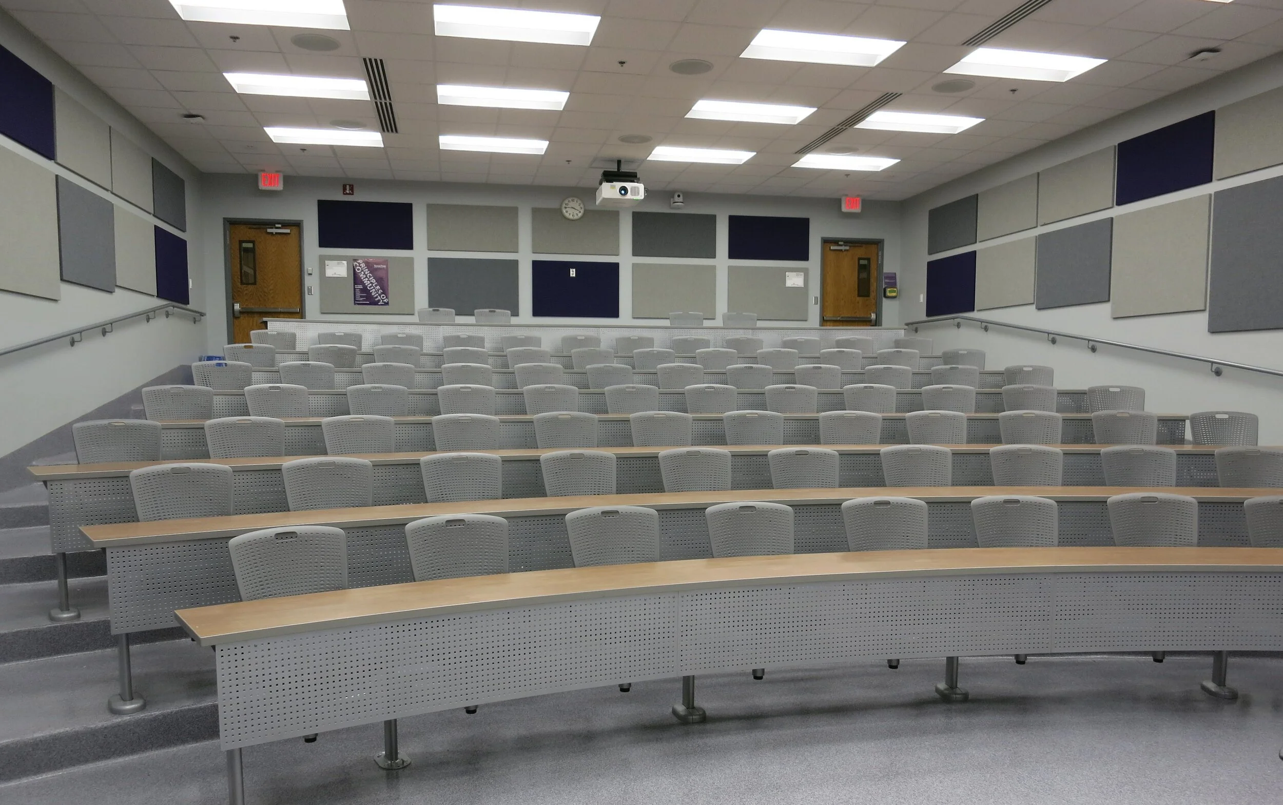 Empty university lecture hall with rows of gray chairs and wooden desks, wall-mounted Livello L200 Standard Wall acoustic panels, and a projection system at the front.