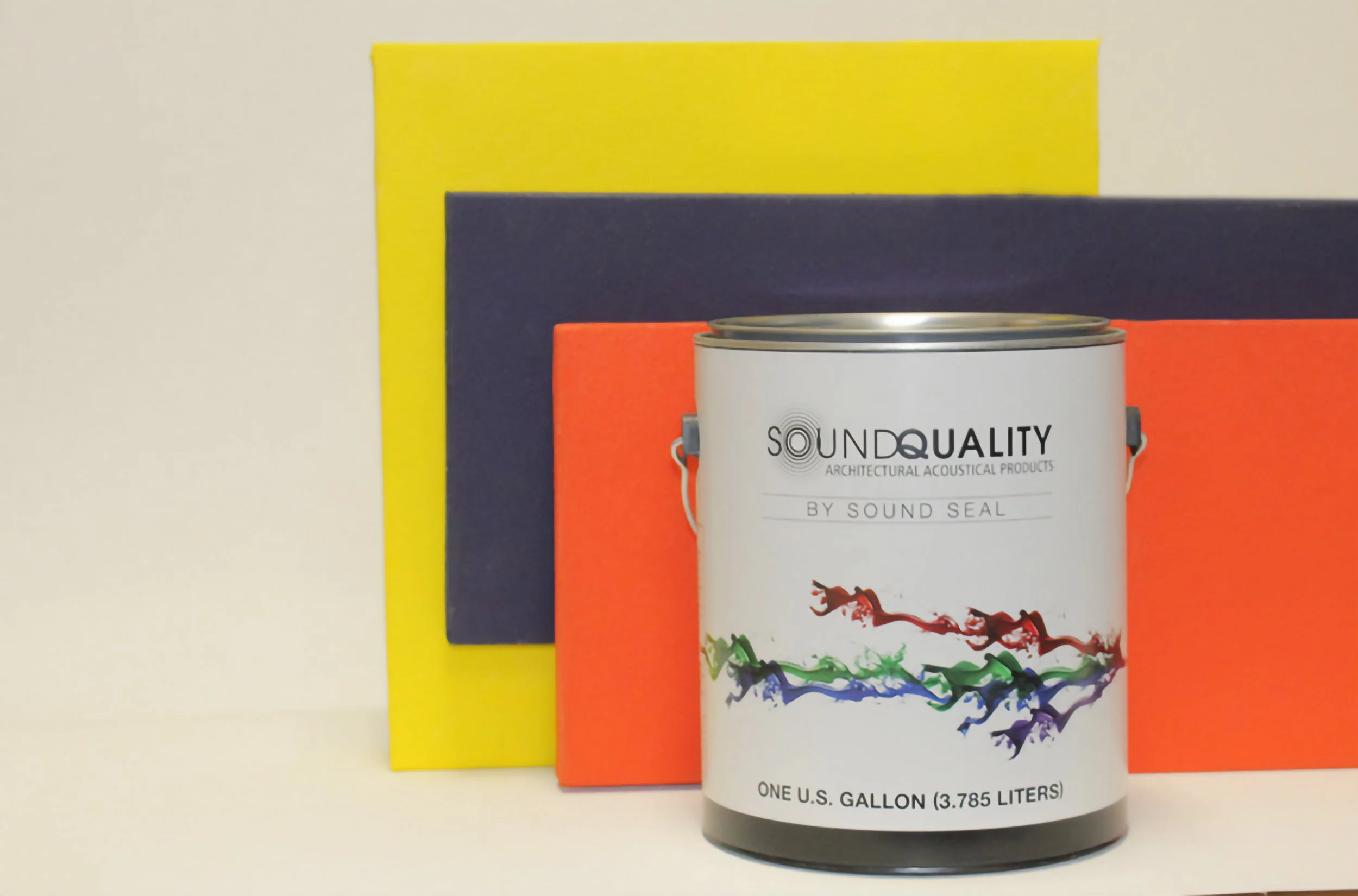 A can of paint with colorful abstract wave design on white background, set against three Livello Colors Painted Wall Panels in yellow, navy blue, and orange.