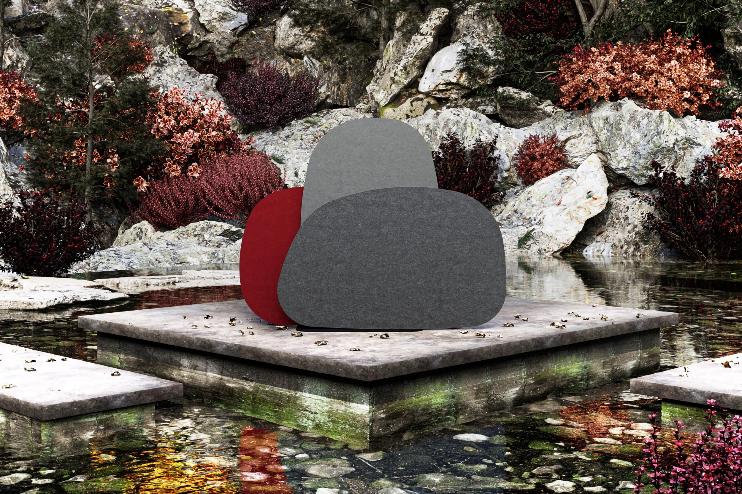 Three abstract stone GiosFelt Landscape layered screen dividers in gray, red, and dark gray on a stone platform by a pond, with colorful bushes and rocks in the background.