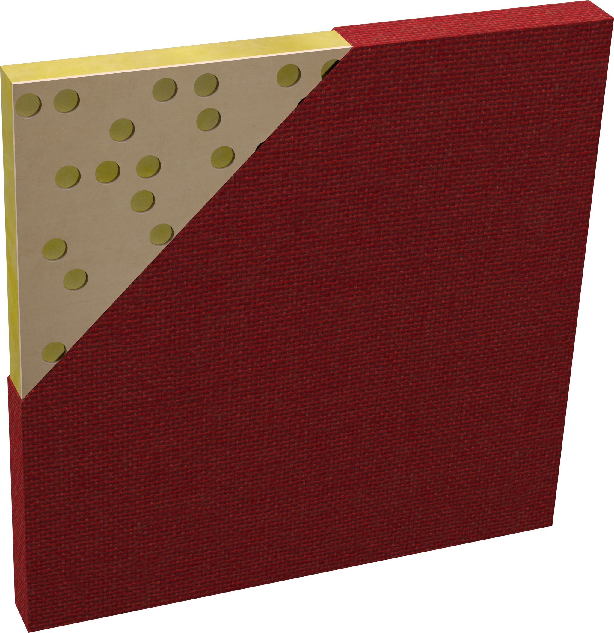 A close-up of a piece of cheese within a red textured box, with multiple small holes in the cheese.