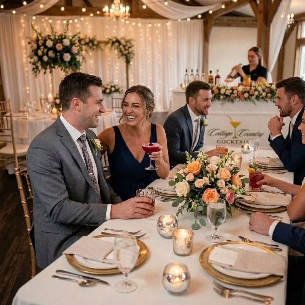 A wedding reception with guests sitting at a decorated table with floral centerpieces and candle holders, enjoying drinks and laughter.