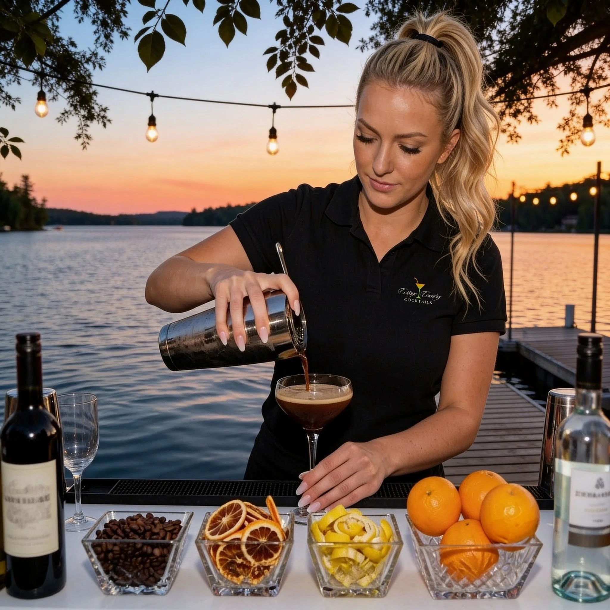 A woman making a cocktail by a lake at sunset; she is pouring a dark liquid into a cocktail glass with oranges, lemons, coffee beans, and alcohol bottles on the table.