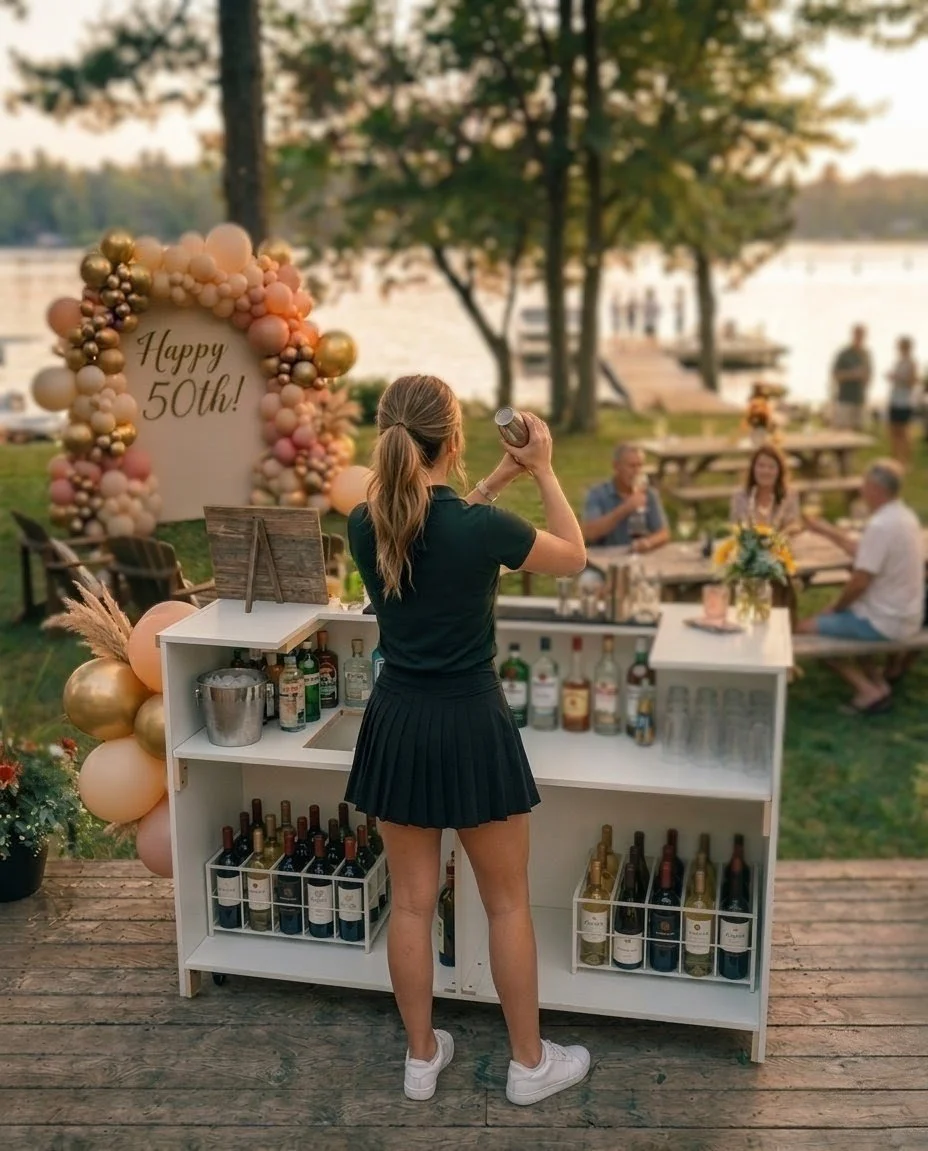 A woman pouring a drink at an outdoor celebrating event with a "Happy 50th!" balloon arch in the background by a lakeside with trees and people sitting at picnic tables.