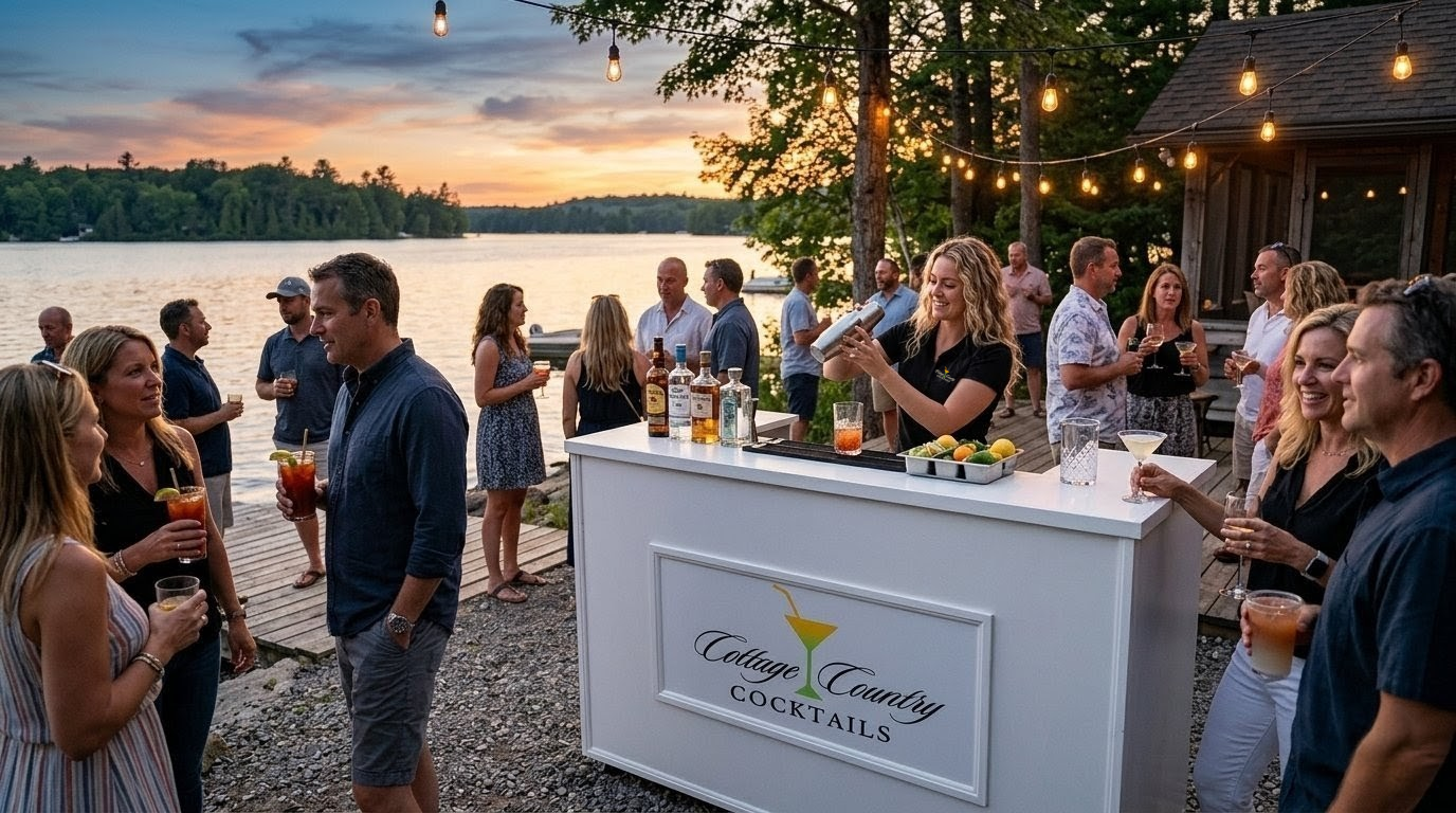 People socializing at an outdoor lakeside cocktail party during sunset, with a bartender preparing drinks at a bar labeled 'Cottage County Cocktails'.