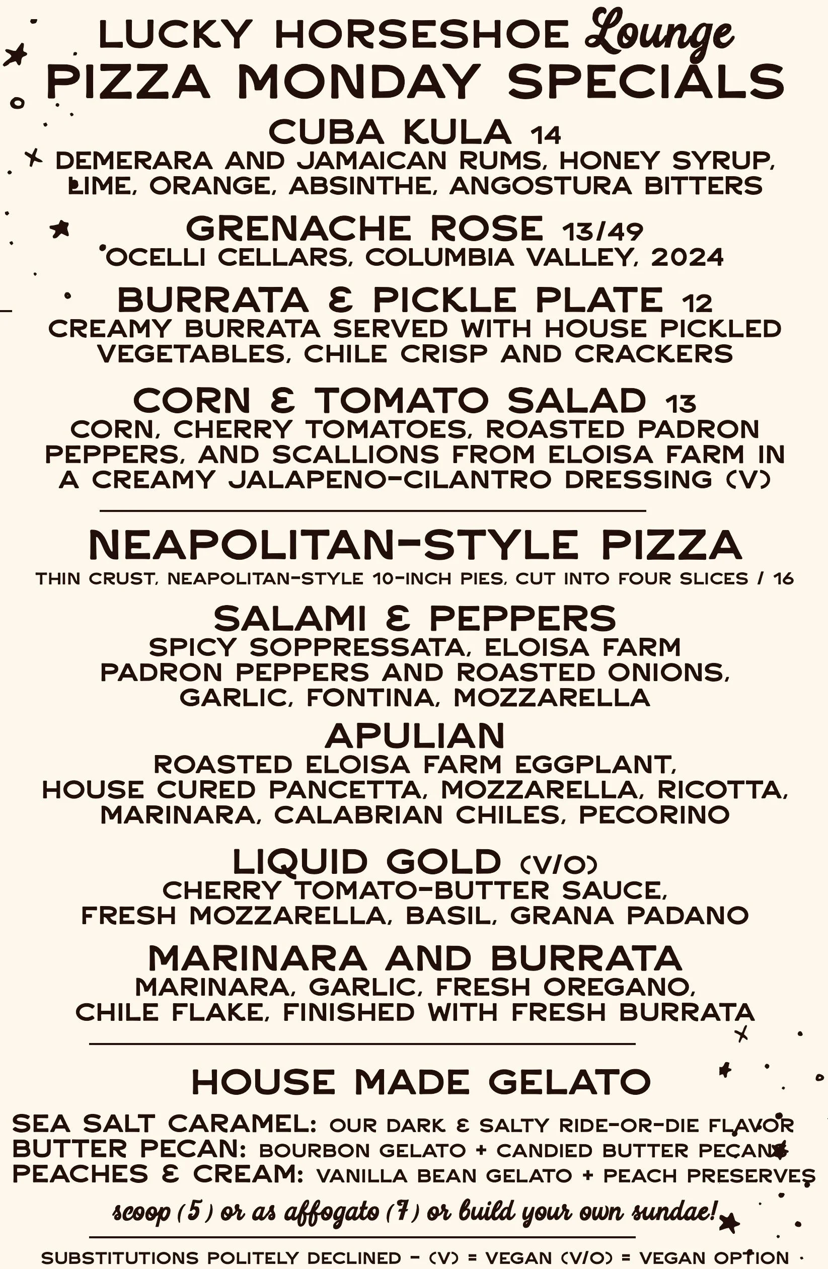 Pizza Monday Menu