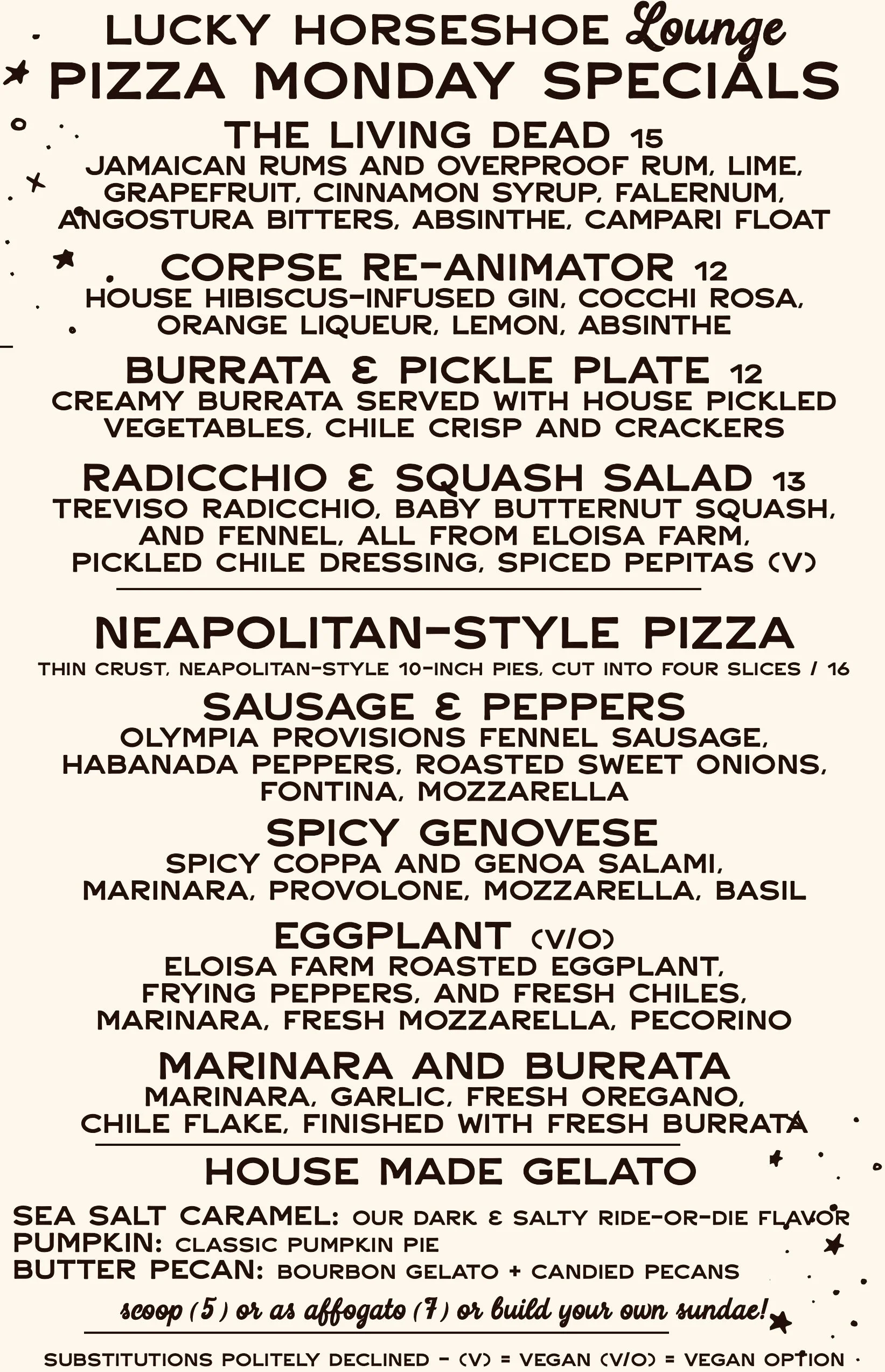 Pizza Monday menu
