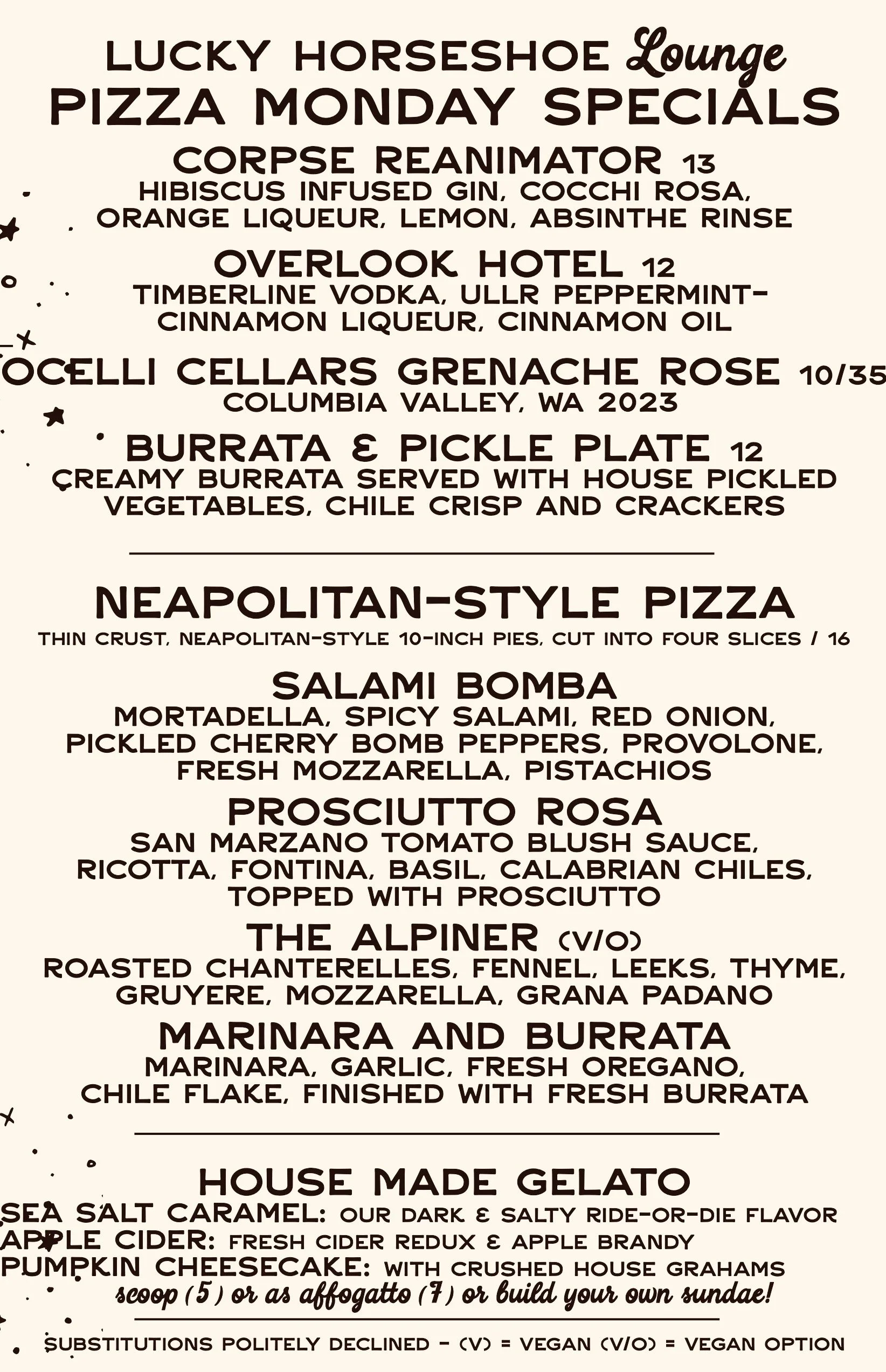 Pizza Monday menu