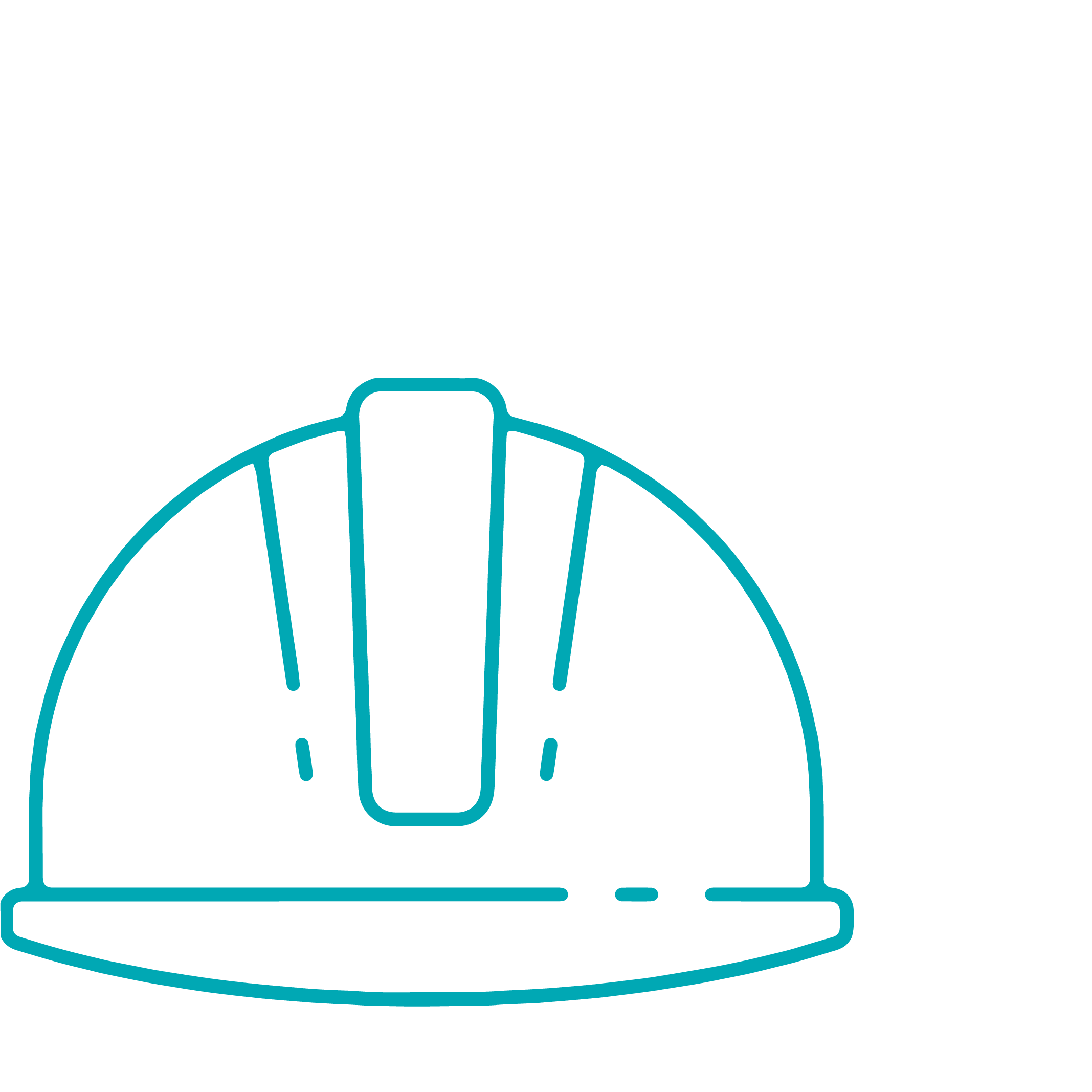 Icon of a construction hard hat in blue outline.
