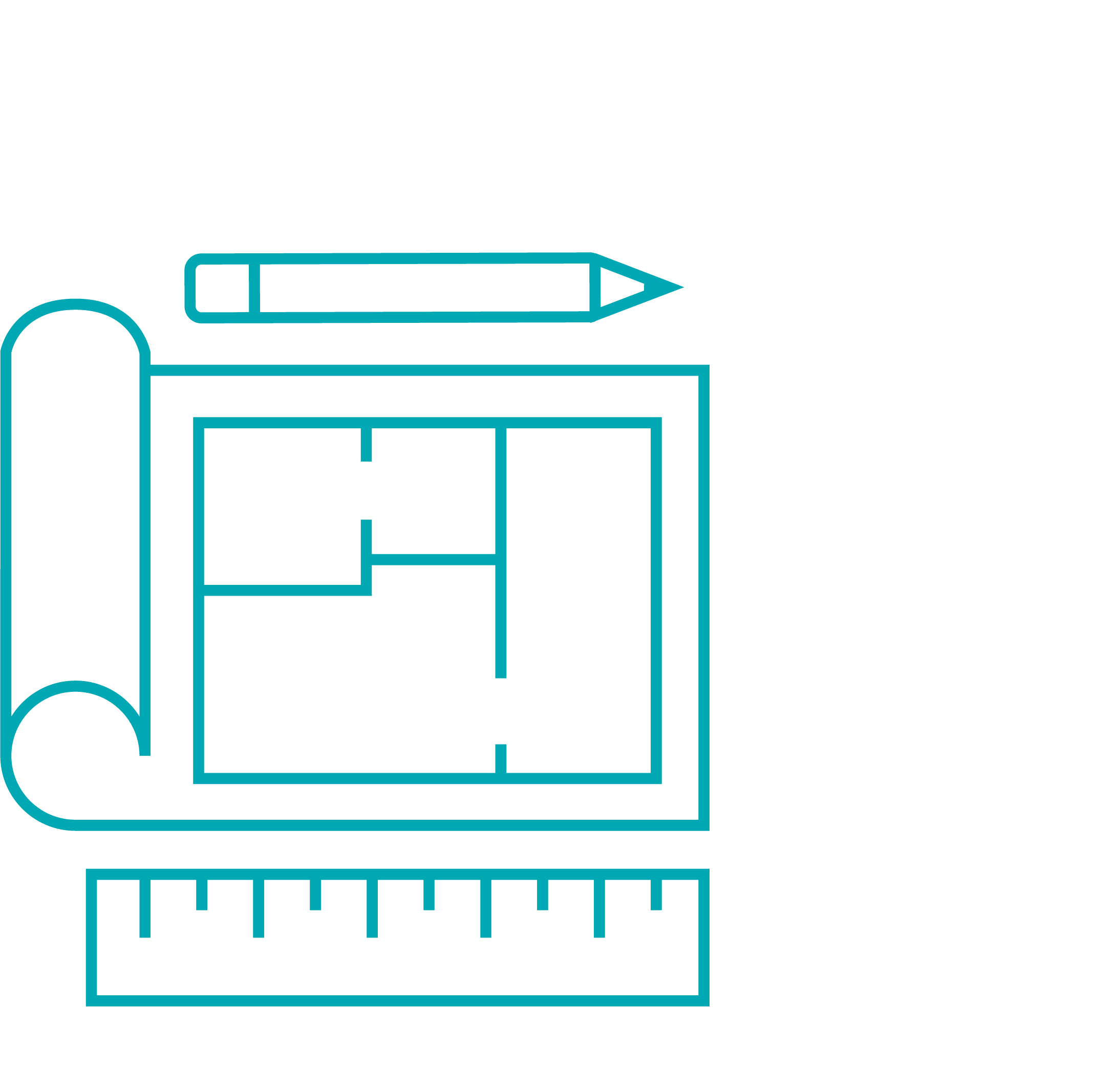 Blueprint with pencil and ruler icon in blue outline