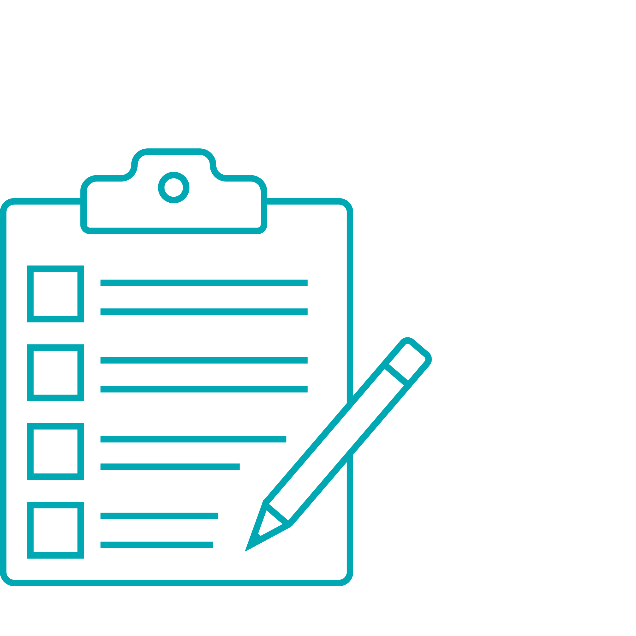 Outline of a clipboard with a checklist and a pencil icon.