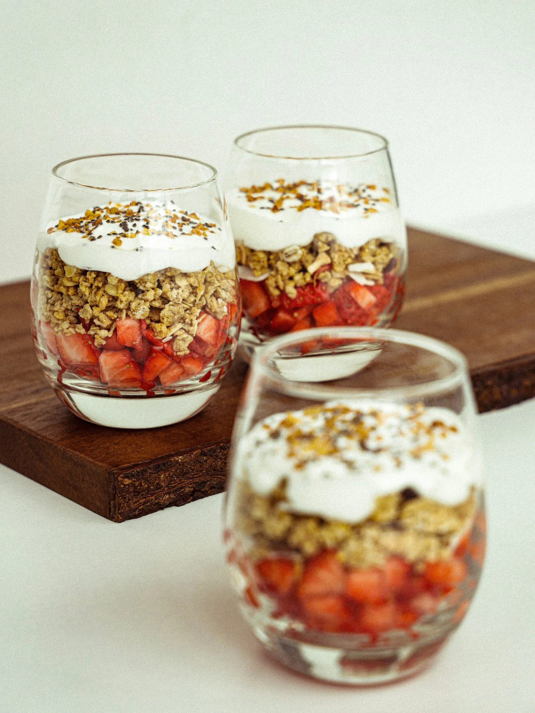 Yoghurt, granola and berry pots for a corporate grazing breakfast