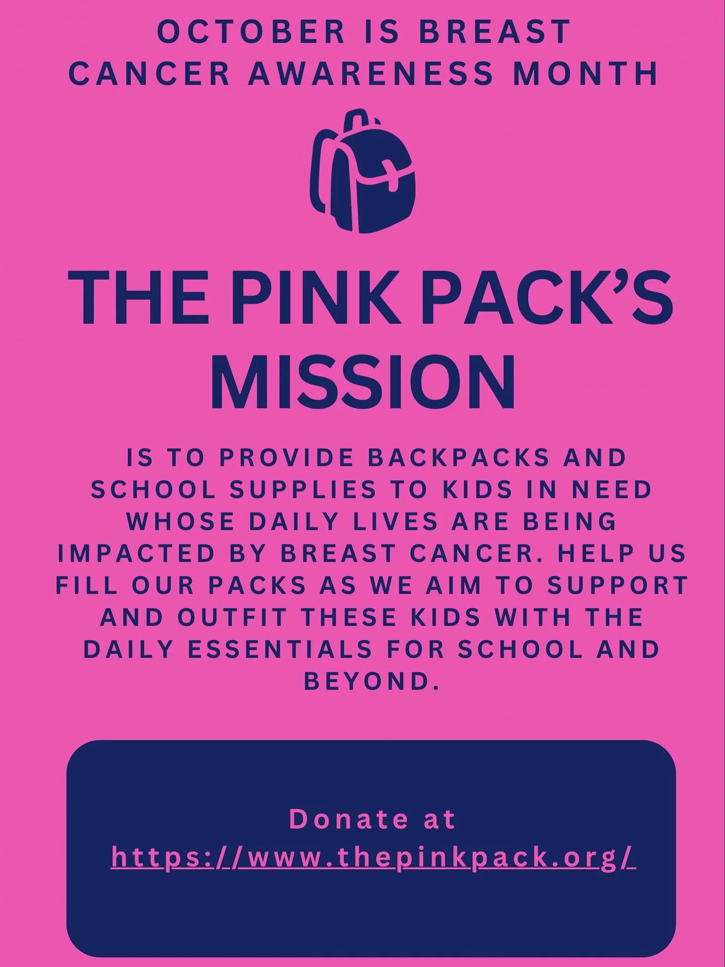 🎀 October is Breast Cancer Awareness Month 🎀

The Pink Pack&rsquo;s mission is simple but powerful: to provide backpacks and school supplies to kids in need whose daily lives are impacted by breast cancer.

Every pack is filled with the daily essen