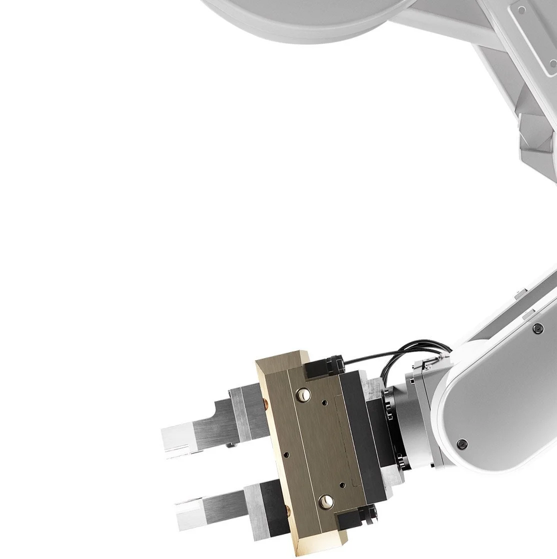 Close-up of a robotic arm with mechanical and electronic components, including metal parts, a circuit board, and wires.