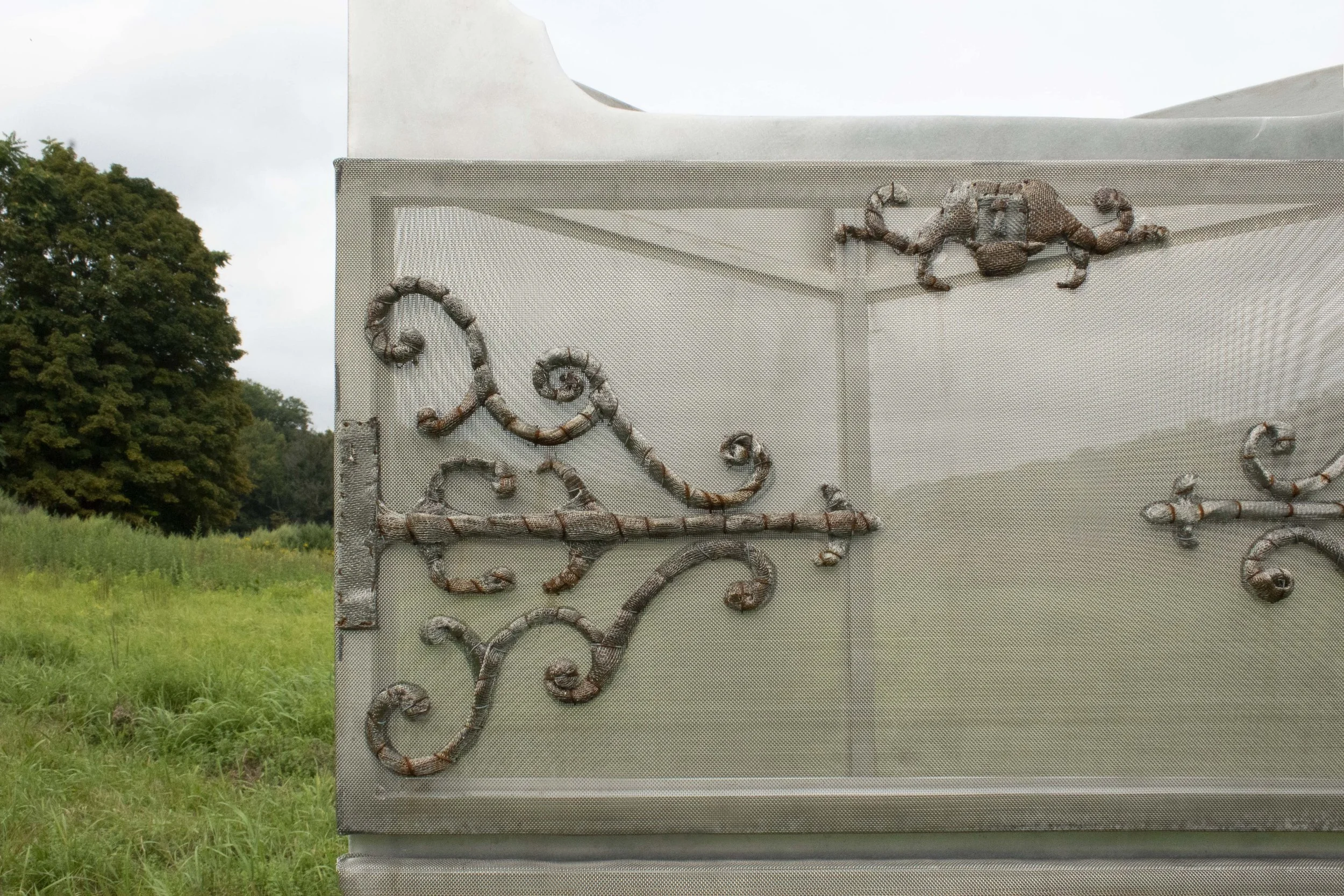 "A Corner"
aluminum, mild steel, stainless steel
2025,    48” x 28” x 17”

A phantom of an original family heirloom corner cabinet, this sculpture reflects on our desire to cherish and preserve while facing the inevitability of change and life cycles