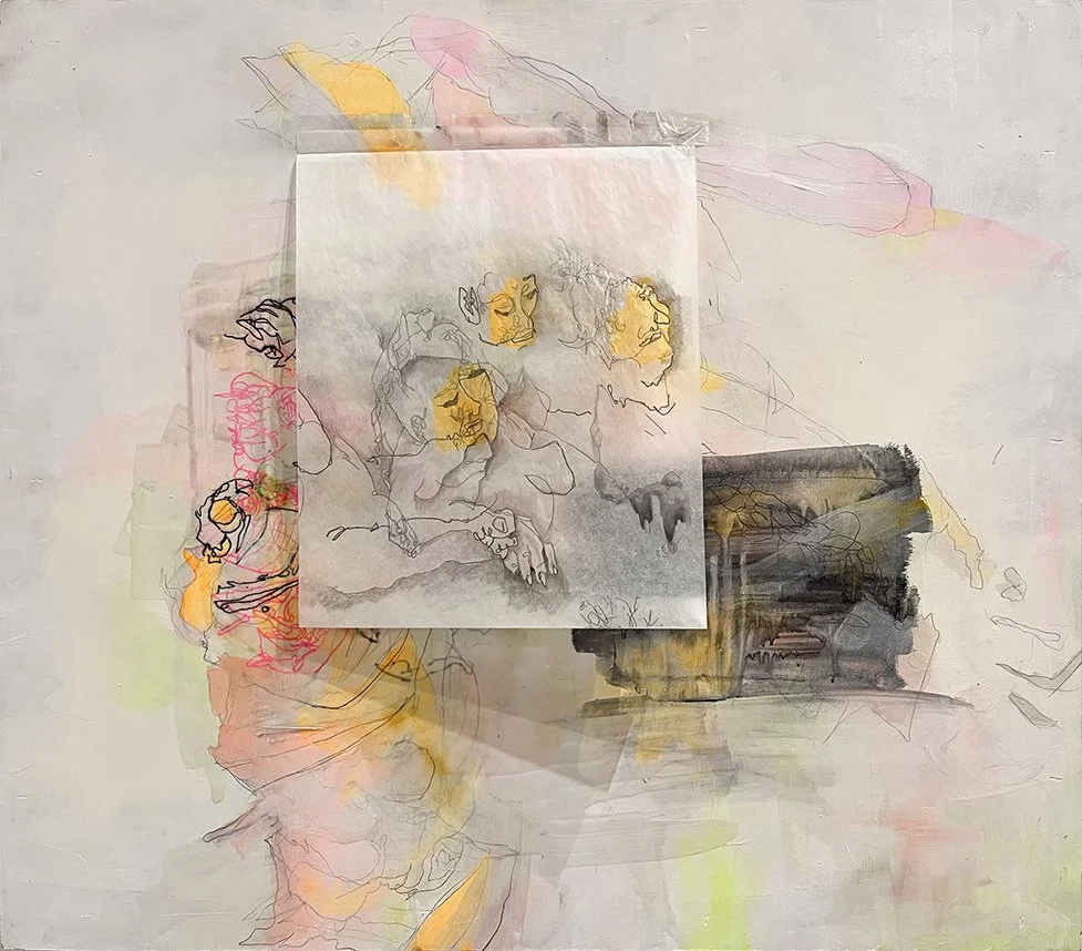 Close up of painting with translucent yellow, pink, and grey brushwork