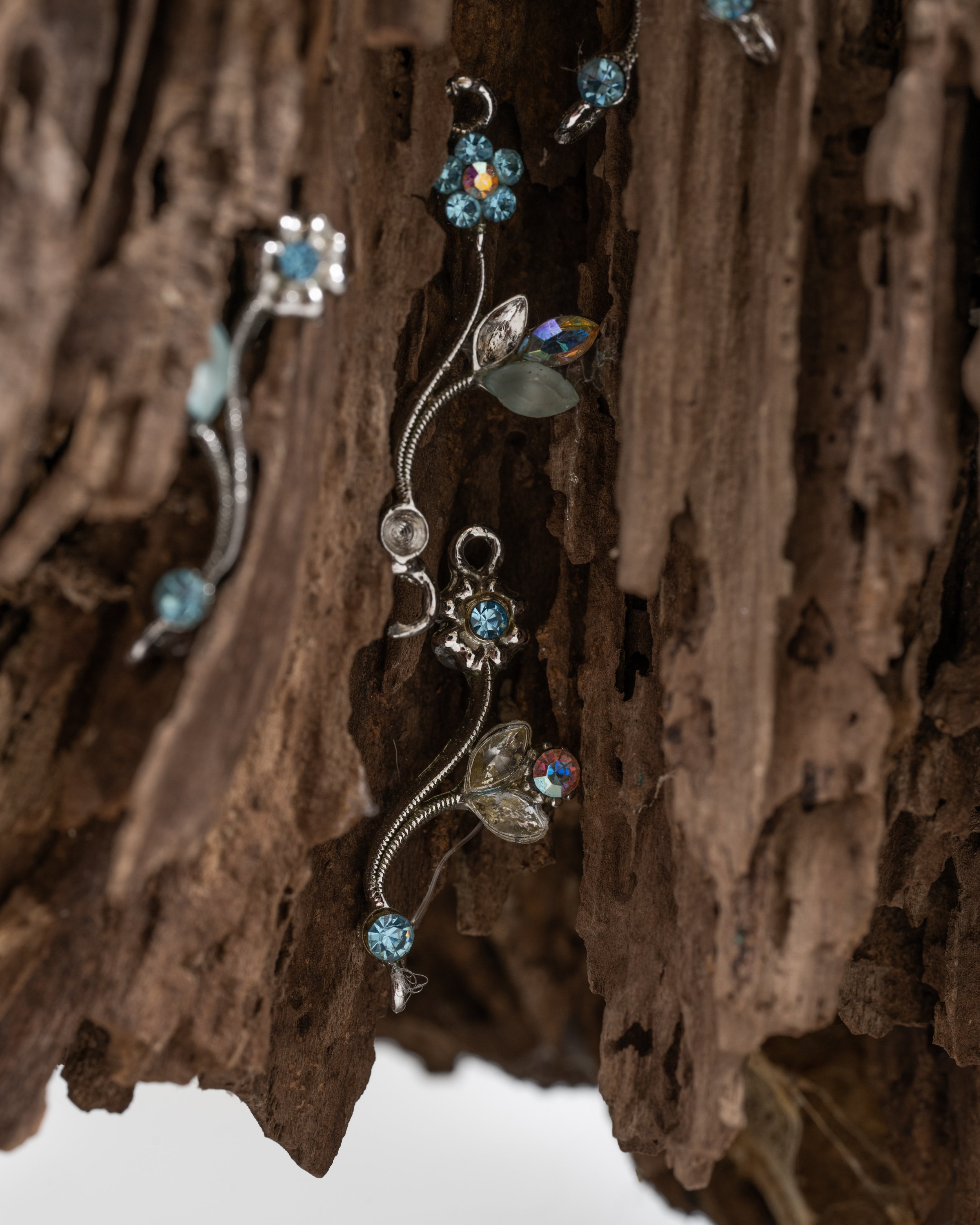 Ode to My Silence 
found wood, seashell dove, chain, rhinestone floral charms
2021, 10" x 17" x 14" 