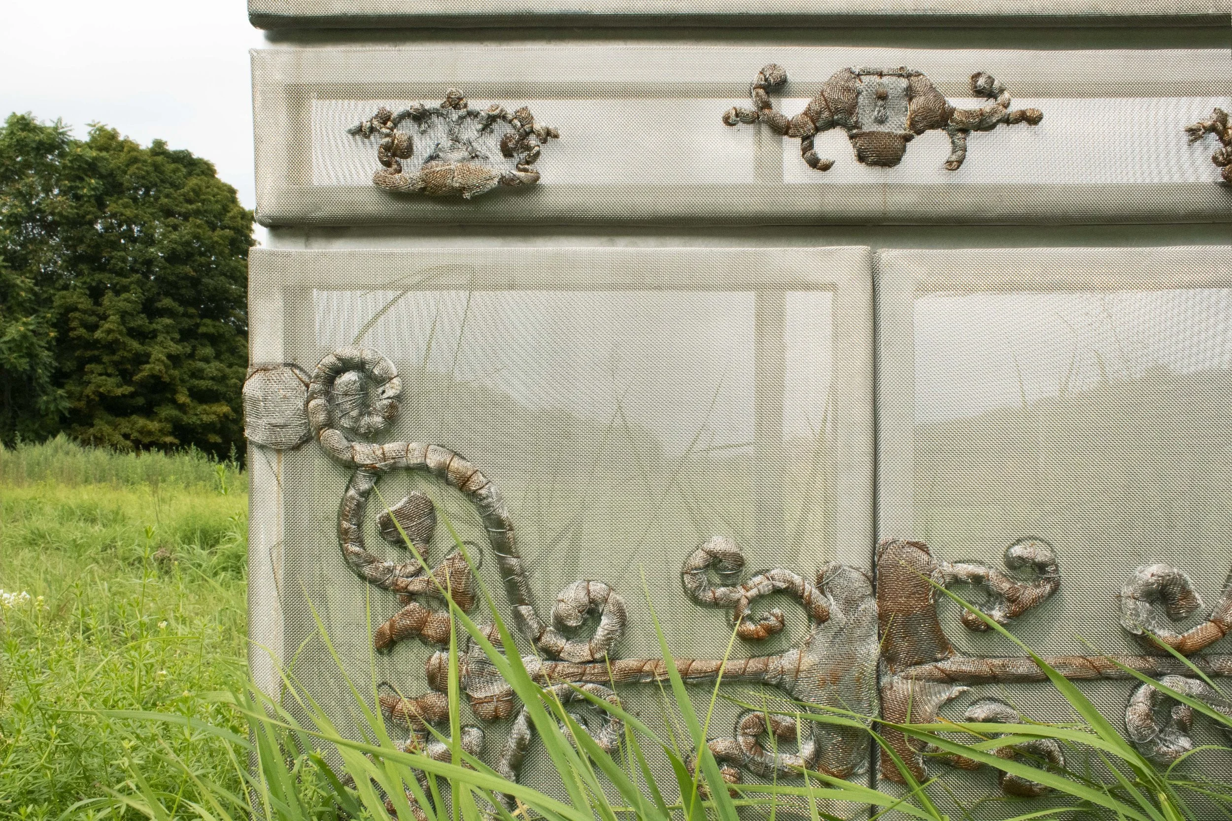 "A Corner"
aluminum, mild steel, stainless steel
2025,    48” x 28” x 17”

A phantom of an original family heirloom corner cabinet, this sculpture reflects on our desire to cherish and preserve while facing the inevitability of change and life cycles