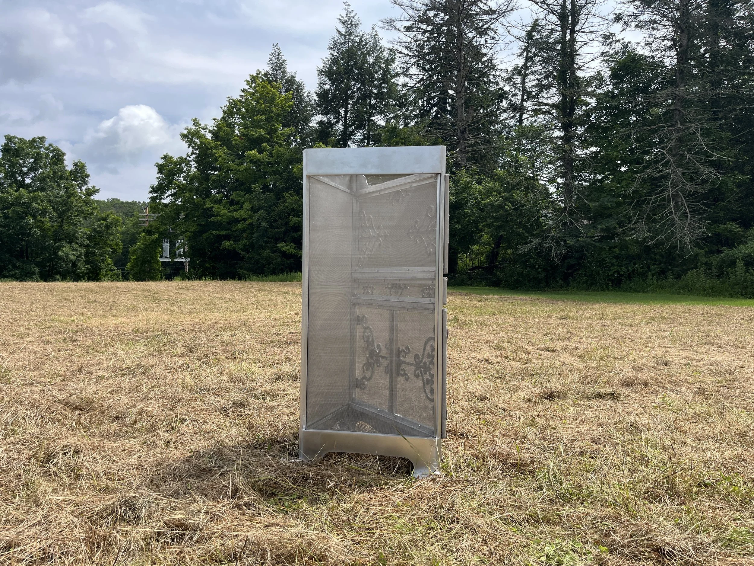 "A Corner"
aluminum, mild steel, stainless steel
2025,    48” x 28” x 17”

A phantom of an original family heirloom corner cabinet, this sculpture reflects on our desire to cherish and preserve while facing the inevitability of change and life cycles